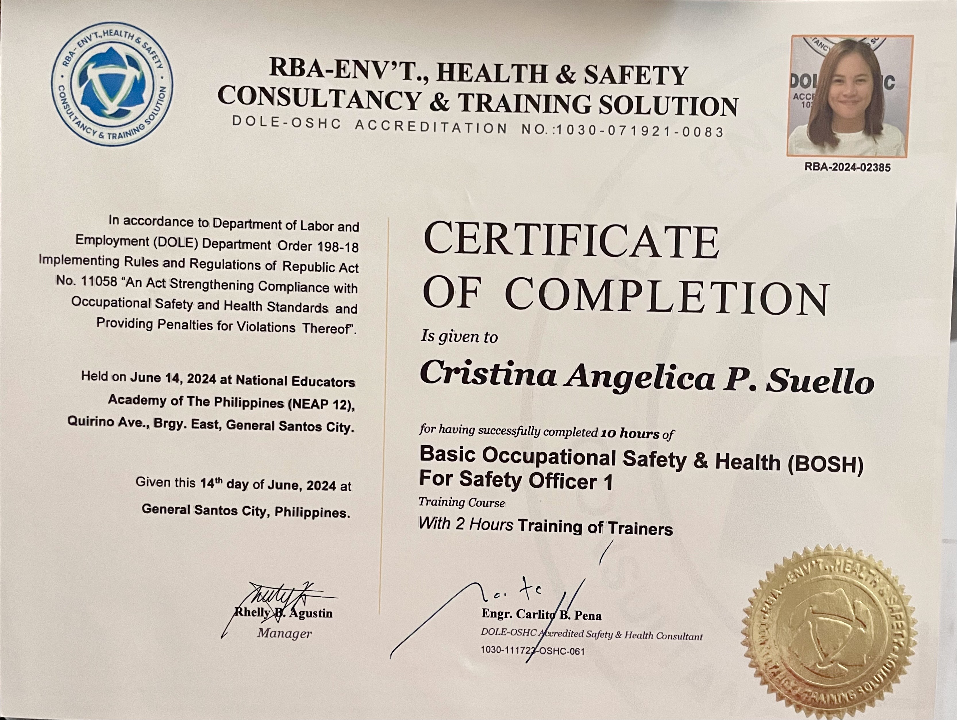 Basic Occupational Safety & Health (BOSH) For Safety Officer 1