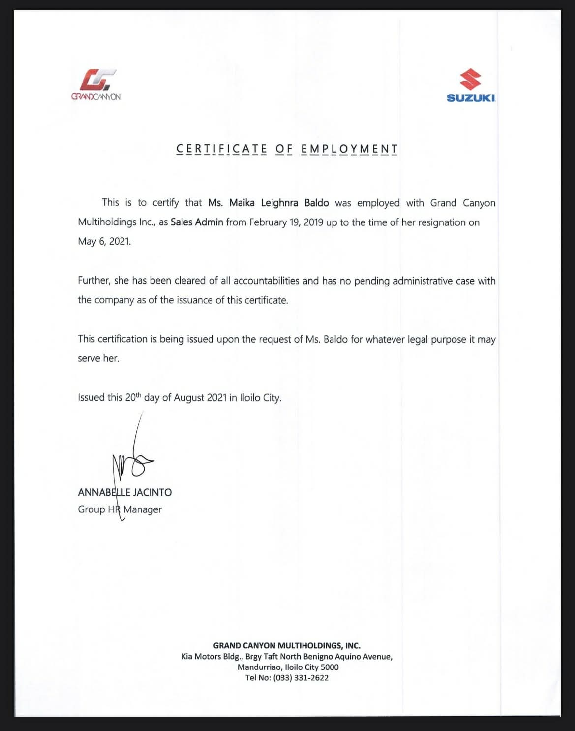 SUZUKI AUTO LA UNION CERTIFICATE