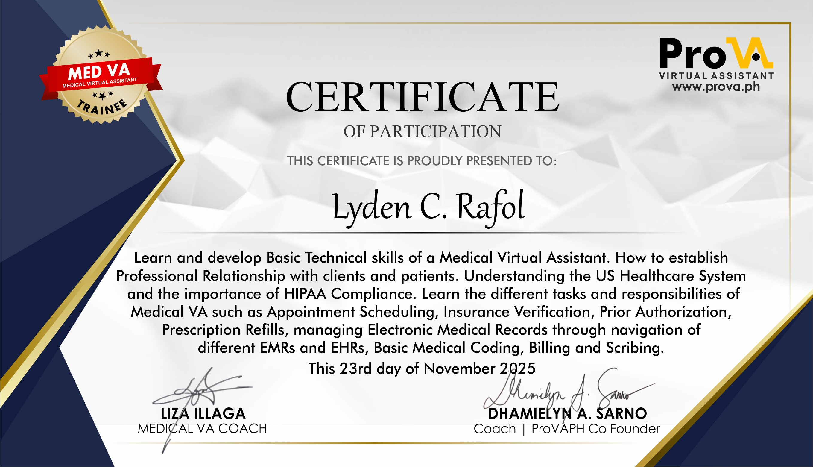 Medical VA training certificate