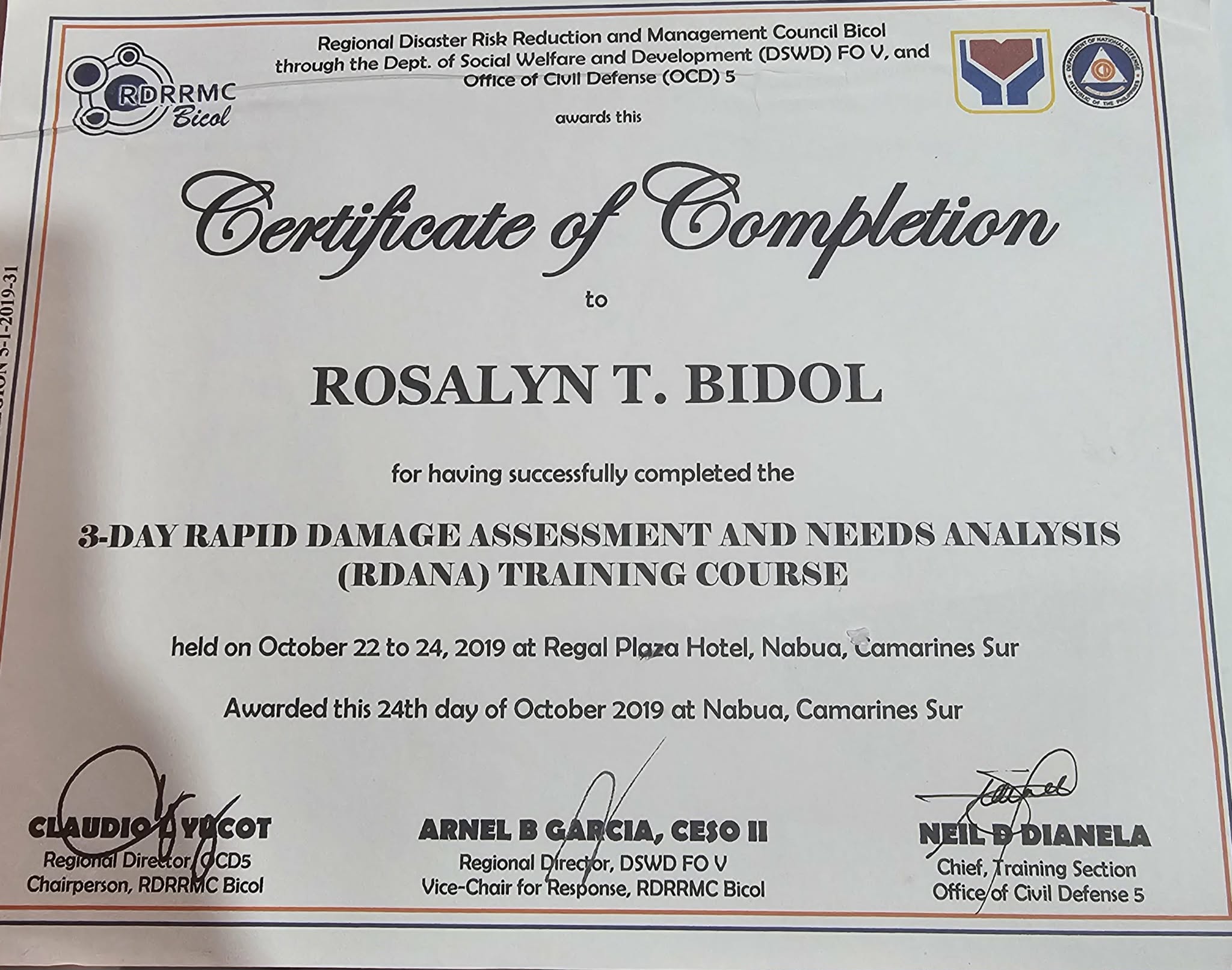 3-Day Rapid Damage Assessment and Needs Analysis ( RDANA) Training Course"