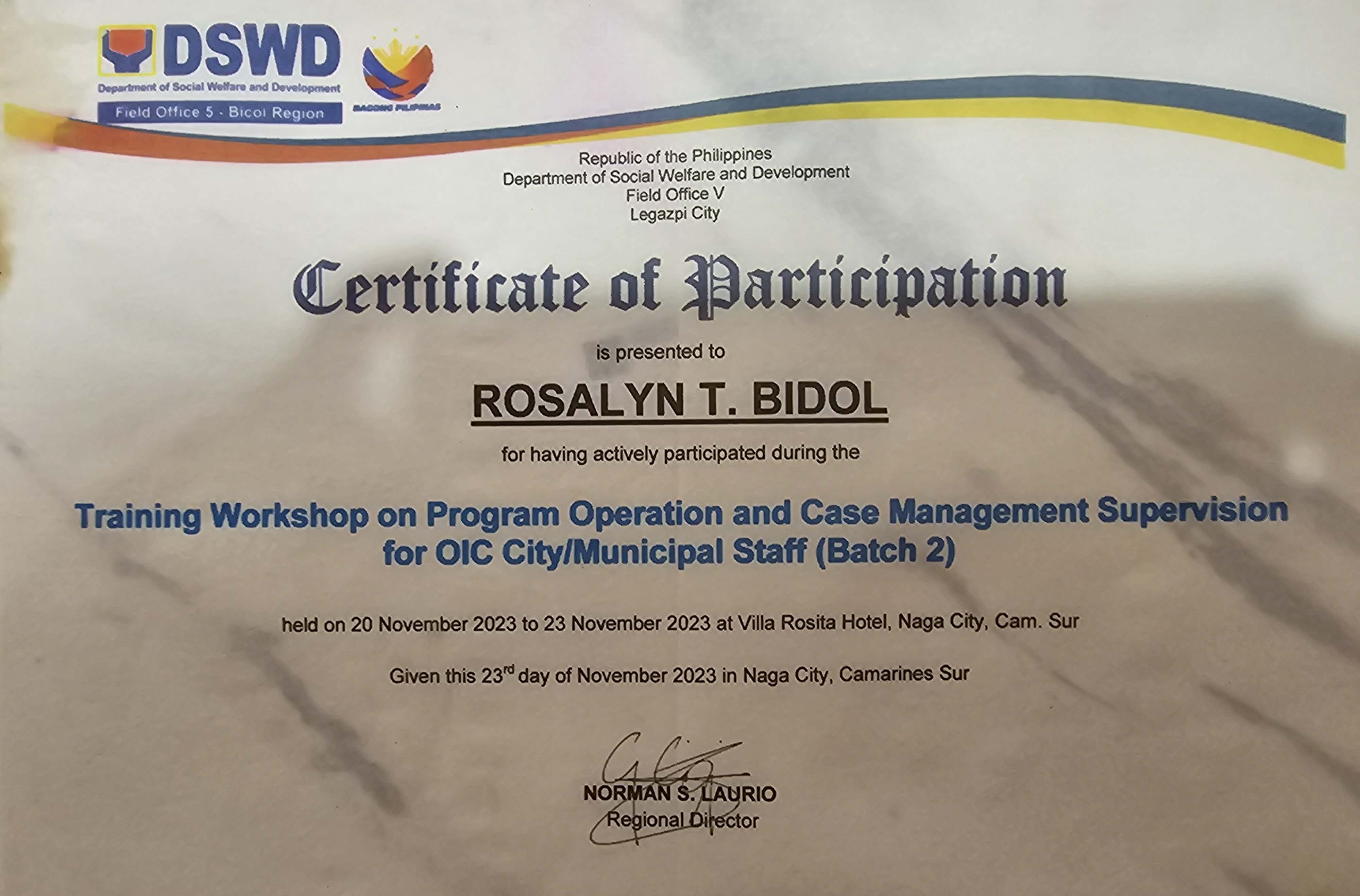 " Training Workshop on Program Operation and Case Management Supervision for OIC City/Municipal Staff ( Batch 2)