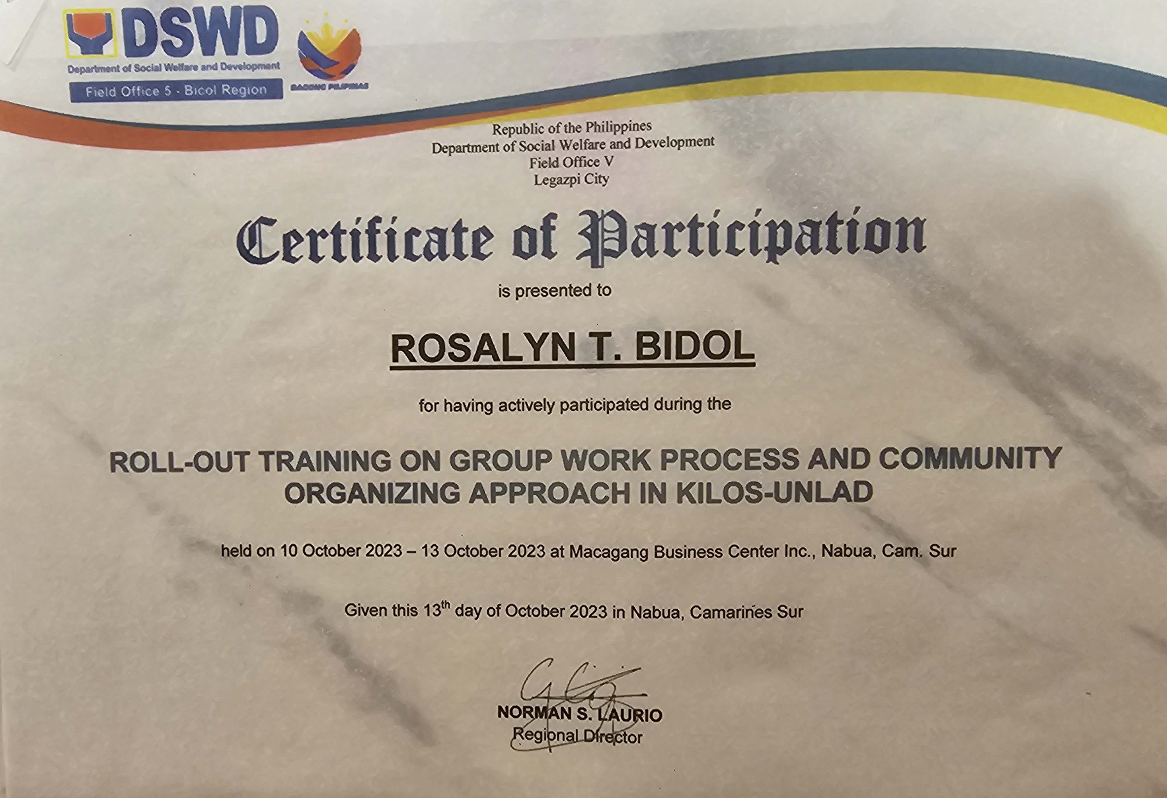 " Roll Out Training on Group Work Process and Community Organizing Approach in Kilos Unlad"