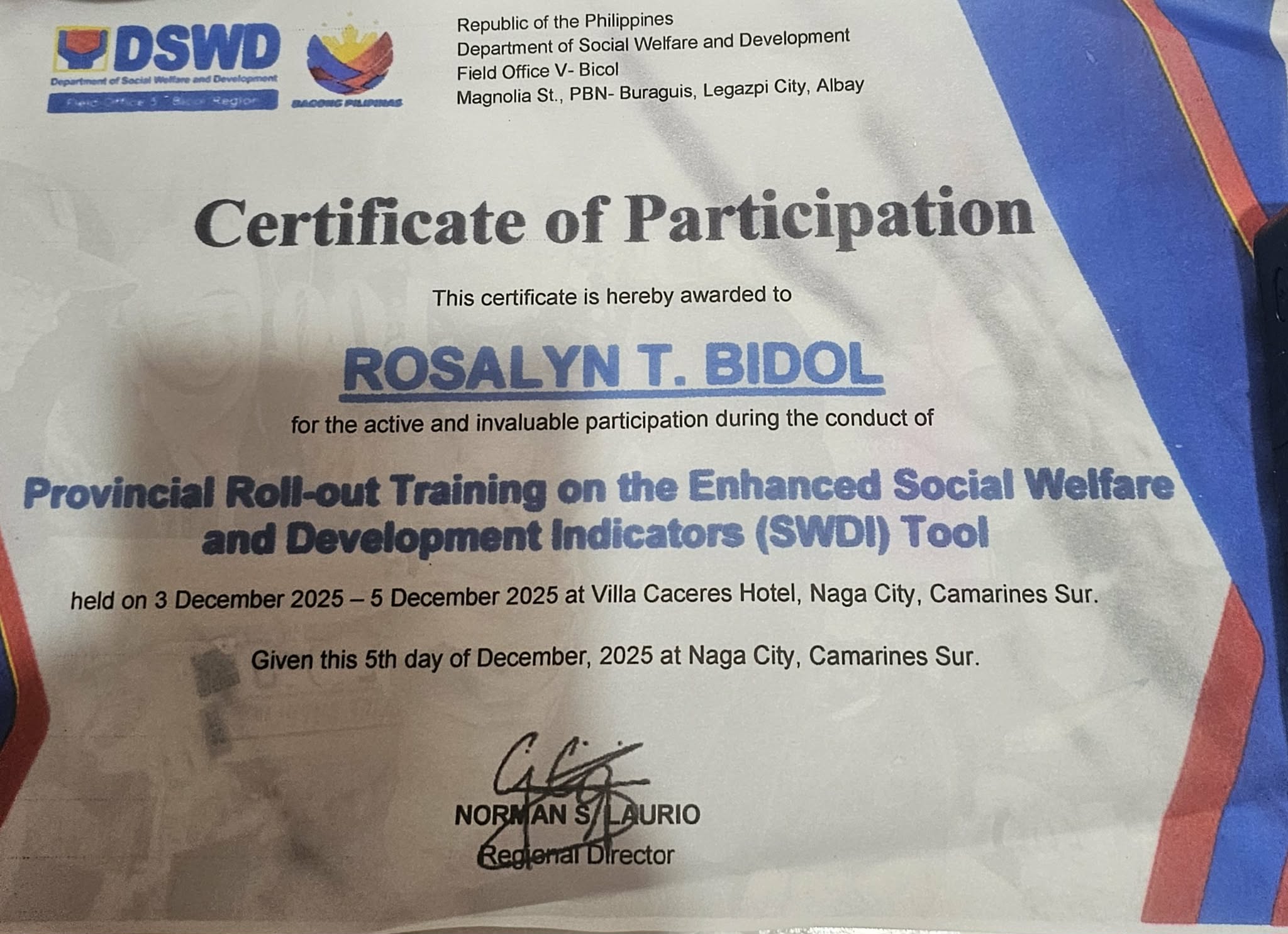 " Provincial Roll-Out Training on the Enhances Social Welfare and Development Indicators ( SWDI ) Tool"