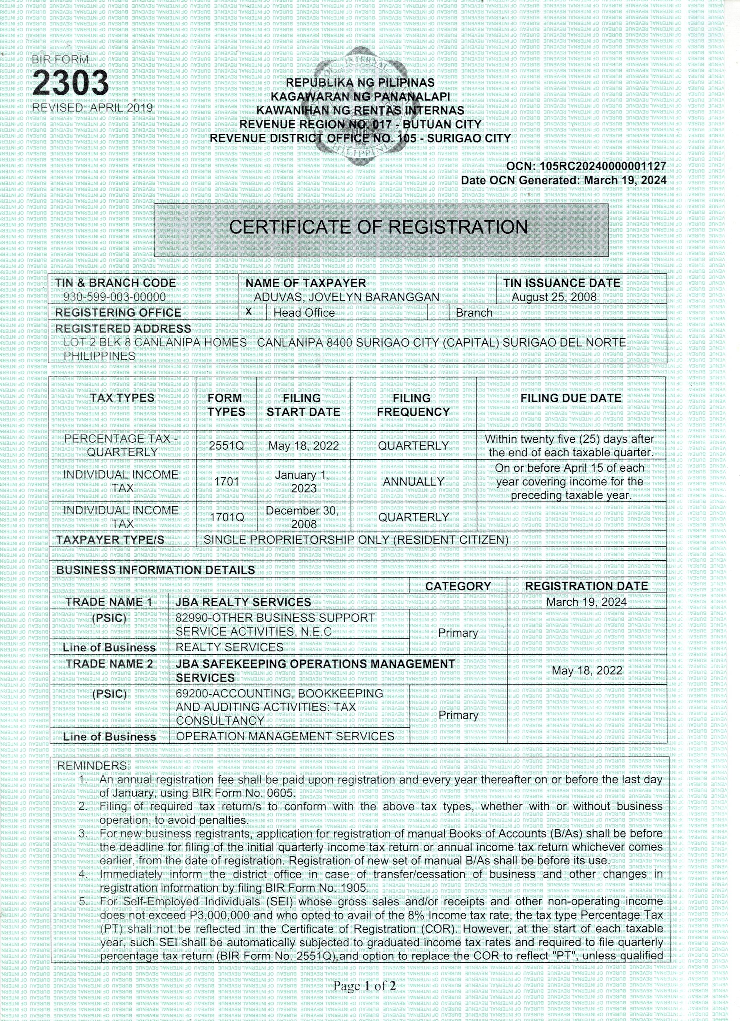 Certificate of Registration - Front