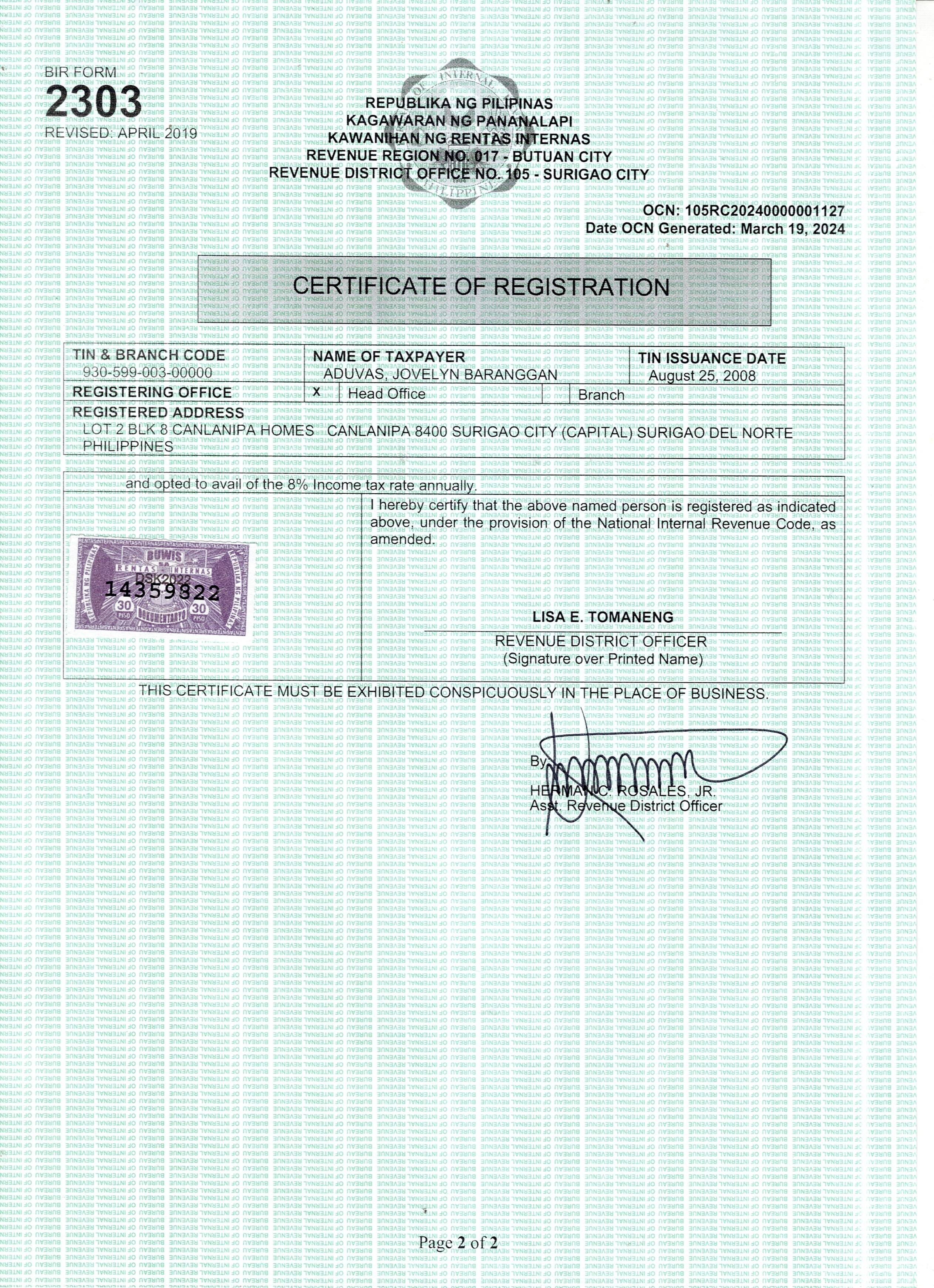 Certificate of Registration - Back