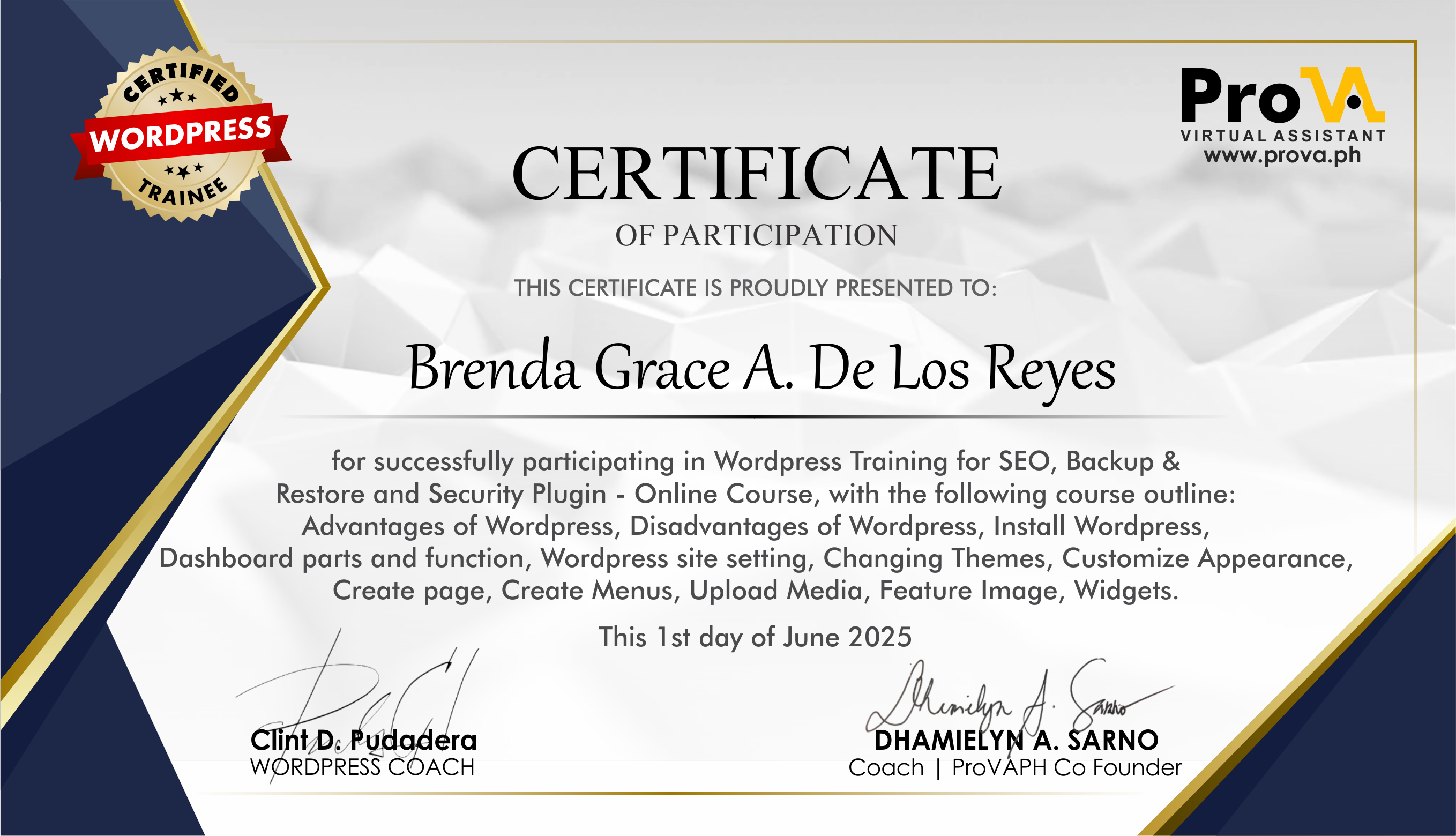 WordPress Training Certificate