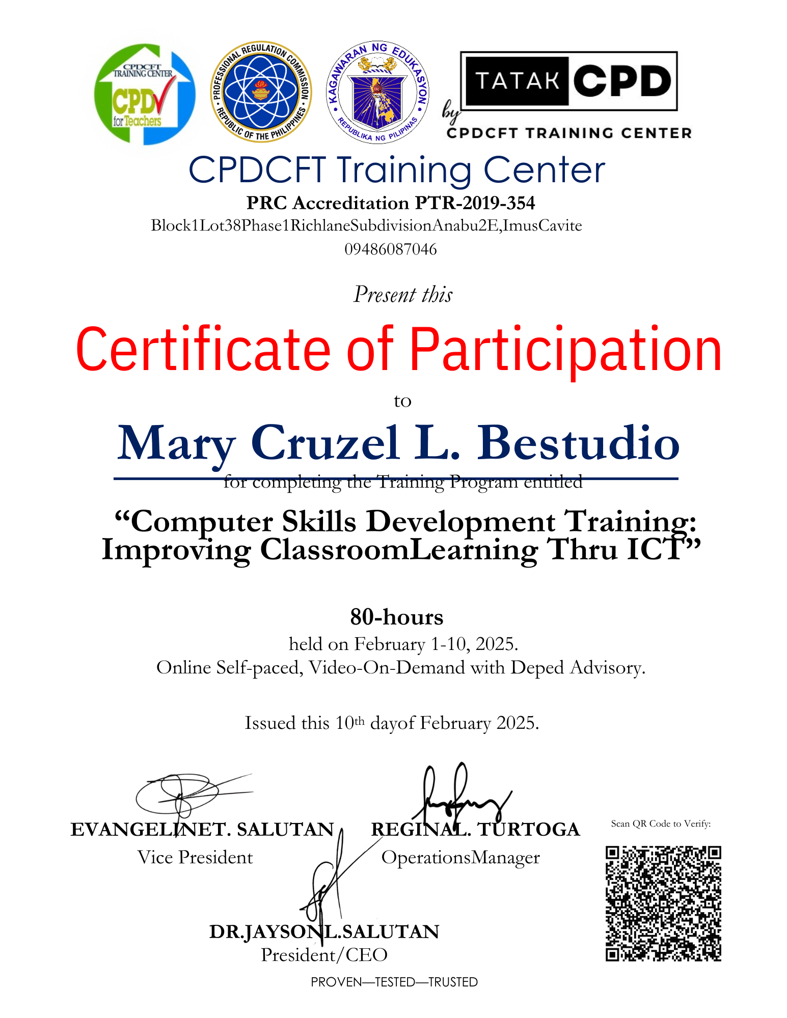 CPDCFT TRAINING CERTIFICATE
