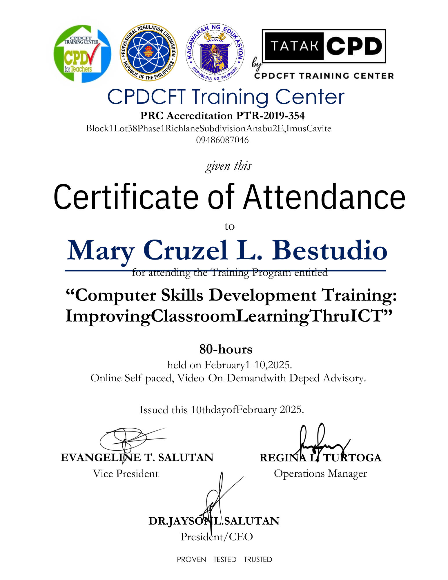 CPDCFT TRAINING CERTIFICATE
