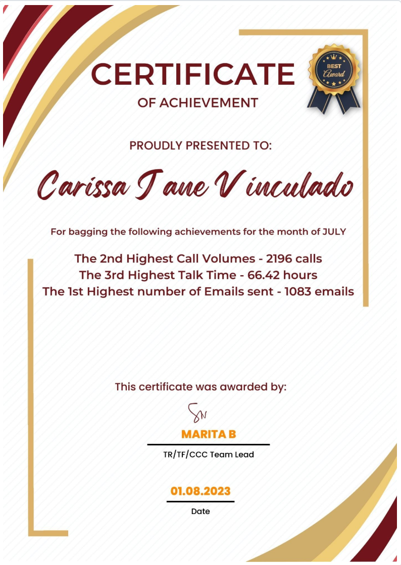 Awarded Top Calling Agent  for high performance.