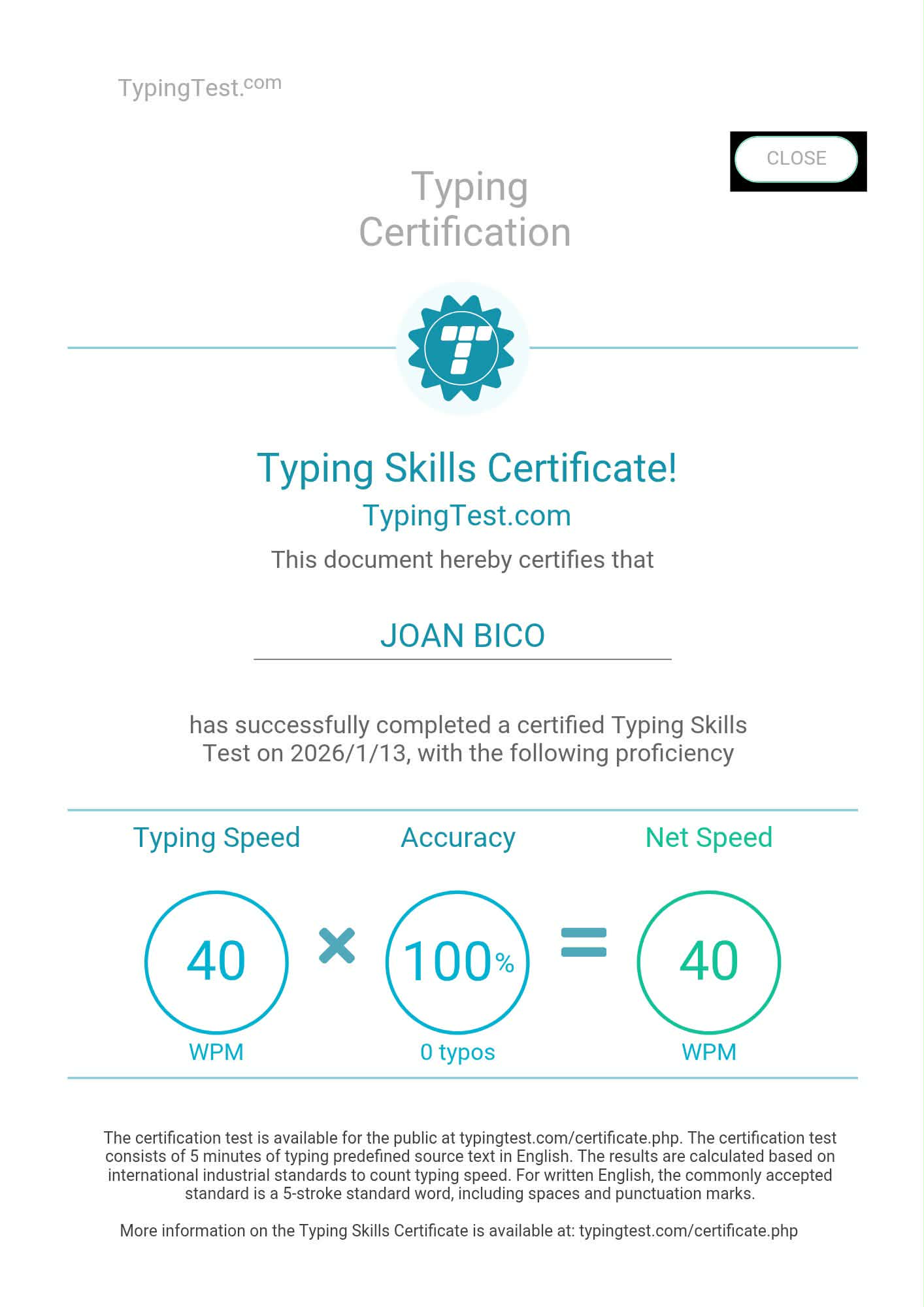 Typing Test Certificate